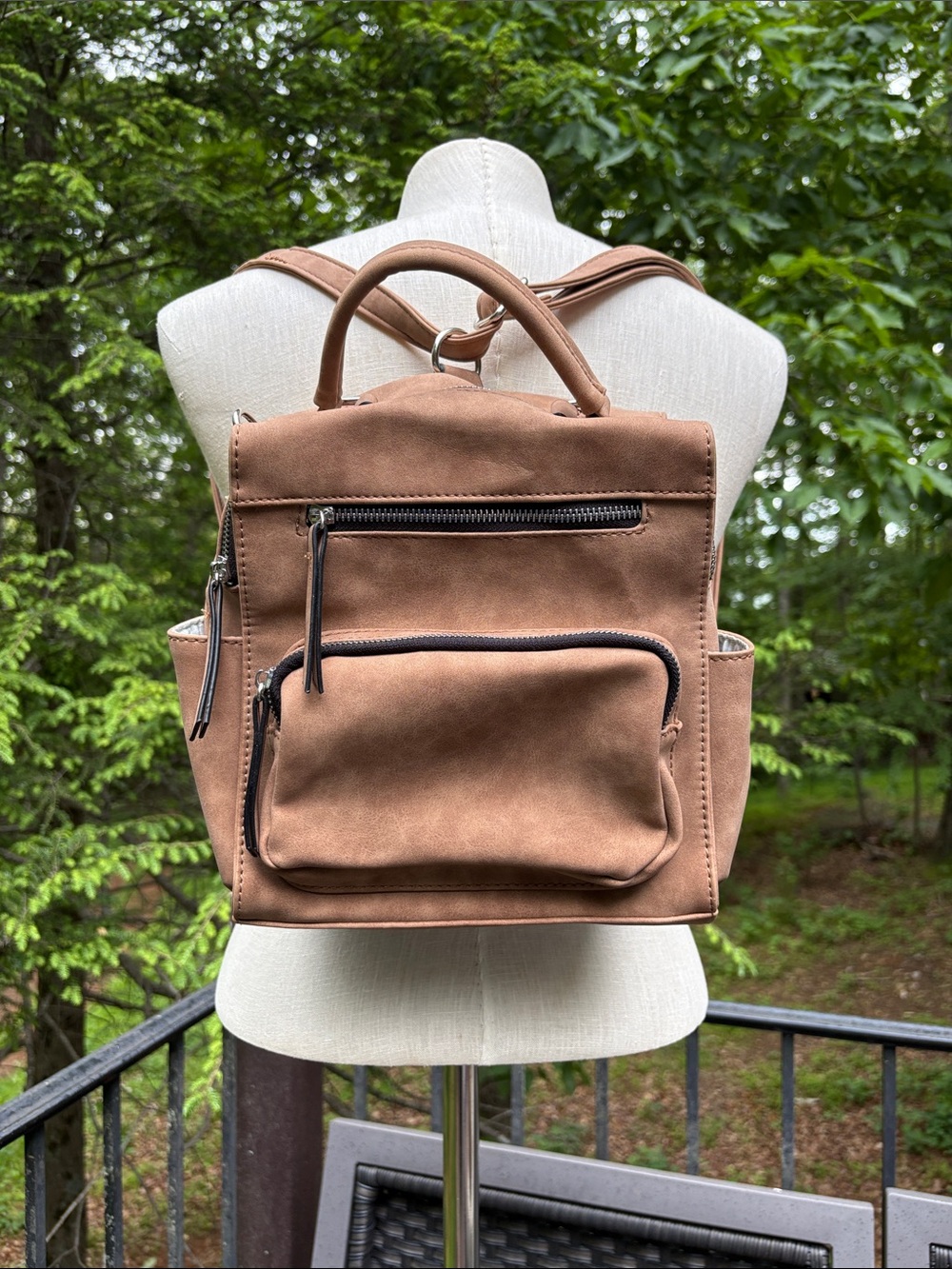Suede-Style Brown Backpack Purse 100% polyester **stained inside shown in pic